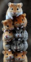 Stack of adorable hamsters forming pyramid, close-up portrait showing their cute faces, whiskers and fur patterns in brown, white and grey colors against dark background.