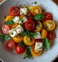 Fresh colorful cherry tomato salad with feta cheese cubes, basil leaves and herbs on ceramic plate, seasoned with black pepper and olive oil.