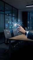 Businessman hand touching holographic digital interface with AI icons in modern office conference room for technology presentations and corporate meetings.