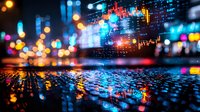 Financial data and stock market charts overlaid on blurred urban night scene with colorful bokeh lights reflected on wet surface creating dramatic business backdrop.