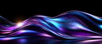 Abstract flowing waves with glowing neon blue and purple colors against black background, sparkling particles create magical cosmic effect. Suitable for tech designs.