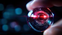 Futuristic cyber security concept with glowing red scanning circle in glass sphere, digital technology visualization against dark background.
