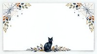 Silhouette of black cat sitting among autumn leaves and spider webs on white isolated background, ready for design projects, invitations, and seasonal decorations.