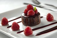 Decadent chocolate dessert topped with fresh raspberries on white plate, garnished with chocolate sauce drizzle, elegant restaurant presentation for fine dining.