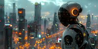Futuristic robot observing glowing cityscape at dusk, illuminated urban landscape with skyscrapers and traffic lights creating atmospheric cyberpunk scene.