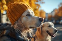 Golden retriever dog wearing orange knit beanie and warm sweater outdoors during autumn season with fall foliage and another dog in background on sunny day.
