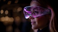 Young woman wearing futuristic purple glowing smart glasses with sparkle effects against dark background with bokeh lights, showcasing advanced technology concept.