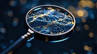 Magnifying glass revealing sparkling blue and gold particles against dark background with bokeh lights, creating magical scientific exploration atmosphere.