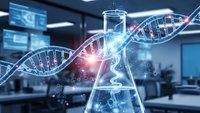 Laboratory flask with glowing DNA helix in modern research facility for genetic engineering and biotechnology studies.