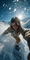 Snowboarder taking selfie on snowy mountain slope with sun flare and falling snow particles against blue sky backdrop. Perfect for winter sports advertising.