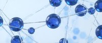 Blue molecular structure with connected spheres and bonds on white background for scientific research and chemistry education presentations.