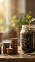 Small plant growing in glass jar with visible roots next to stacked coins representing financial growth, investment, and savings concept with warm sunlight.