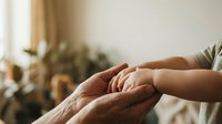 Young caregiver hands gently holding elderly person's hands in warm home setting, showing compassion, support and intergenerational care connection.