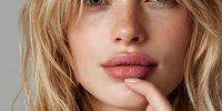 Close-up portrait of young woman with blonde hair, freckles, and full lips touching her chin against neutral background.