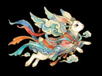 Colorful celestial rabbit with wings and flowing ribbons in traditional Asian art style, isolated on transparent background, for t-shirts, stickers, and print on demand.