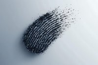 Black fingerprint dissolving into particles on light gray background, dramatic disintegration effect showing scattered dots and lines in motion for security concepts.