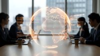 Business professionals in meeting room with glowing digital globe hologram displaying global network connections for international corporate strategy planning.