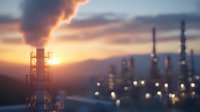 Industrial oil refinery silhouette against dramatic sunset sky with smoke stacks and processing towers emitting steam, illuminated by warm evening light.