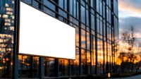 Empty white billboard on modern glass building facade at sunset with dramatic orange sky and city reflections. For advertising mockup.