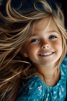 Joyful young girl with flowing blonde hair and bright blue eyes wearing turquoise dress smiles naturally while her hair catches movement in gentle breeze.