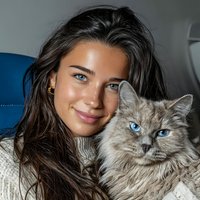 Young woman with long brown hair cuddling fluffy gray cat with blue eyes in cozy indoor setting for pet care and companionship concepts.