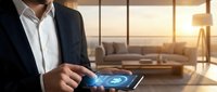 Professional businessman using digital tablet with holographic interface in modern office during golden hour sunset for business technology presentations.