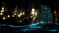 Magical glowing blue forest silhouette against dark background with bokeh lights and sparkles, creating ethereal night landscape for fantasy designs.