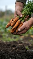 Farmer hands holding freshly harvested organic carrots with green tops from garden soil. Agricultural produce and sustainable farming concept.