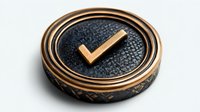 Bronze checkmark symbol on textured black circular medallion with ornate metallic rim design, suitable for approval and certification concepts.