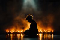 Silhouette of young man sitting in meditation pose against glowing candles background creating dramatic atmosphere with smoke and dark mood lighting.