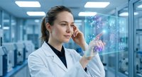 Young female scientist in white lab coat interacting with holographic digital interface displaying data visualization in modern research laboratory.