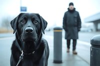 Black Labrador retriever in focus with blurred person in winter coat standing in background on urban street, moody atmospheric composition.