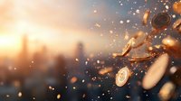 Golden cryptocurrency coins falling against blurred urban sunset skyline with glowing particles and bokeh effect creating dynamic financial atmosphere.