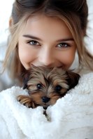 Young Caucasian woman with natural makeup and brown hair smiling while cuddling adorable Yorkshire terrier puppy wrapped in soft white blanket, lifestyle portrait.