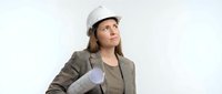 Young female architect or engineer with long brown hair and light skin tone wearing white hard hat and brown blazer, holding rolled blueprints, looking upward thoughtfully against white background for construction and professional concepts.