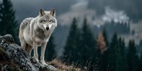 Gray wolf standing on rocky outcrop in misty mountain forest landscape. Wild predator in natural habitat for wildlife conservation and nature projects.