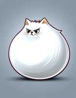 Round fluffy white cat with grumpy expression and pointed ears on gray background, cartoon style character design isolated for creative projects.