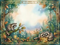 Raccoons perched on branches among autumn foliage, ferns, and glowing lanterns in enchanted forest setting with ornate decorative border frame.