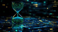 Digital hourglass with glowing binary code pattern on circuit board background, symbolizing time management and technology transformation in modern computing era.