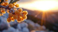 Frozen yellow berries covered in frost crystals against winter sunrise with sunburst and bokeh effect, creating magical natural morning atmosphere.