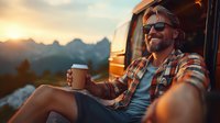 Caucasian bearded man in sunglasses enjoying coffee at sunset near camper van in mountains. Adventure travel lifestyle with warm golden light and scenic mountain backdrop.