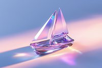 Luminescent glass sailboat sculpture with pink and purple reflections on smooth surface, creating ethereal glow against soft gradient background.