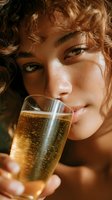 Close-up portrait of young woman with curly hair enjoying champagne in warm sunlight, perfect for luxury lifestyle or celebration advertising.
