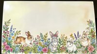Rabbits and bunnies surrounded by wildflowers, roses, and lavender on cream background. Isolated design element for greeting cards, invitations, and textile printing.