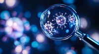 Magnifying glass revealing coronavirus cell structure on blue bokeh background, scientific research concept for medical and healthcare visualization purposes.