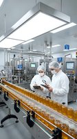 Two pharmaceutical workers in white coats and hairnets inspect orange liquid bottles on automated production line in sterile manufacturing facility.