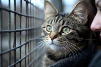 Close up portrait of tabby cat with bright green eyes looking up through cage bars at animal shelter, showing hopeful expression and detailed fur texture.