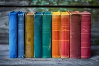 Colorful vintage hardcover books arranged in rainbow order standing on wooden surface, showing weathered spines with faded text and classic binding details.