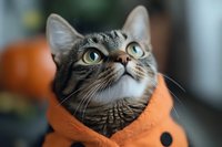 Tabby cat wearing orange sweater looking upward with curious expression and alert eyes outdoors.