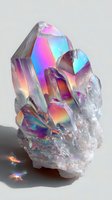 Iridescent crystal cluster with rainbow-colored facets and translucent surfaces displaying vibrant pink, blue, and purple hues against neutral background.